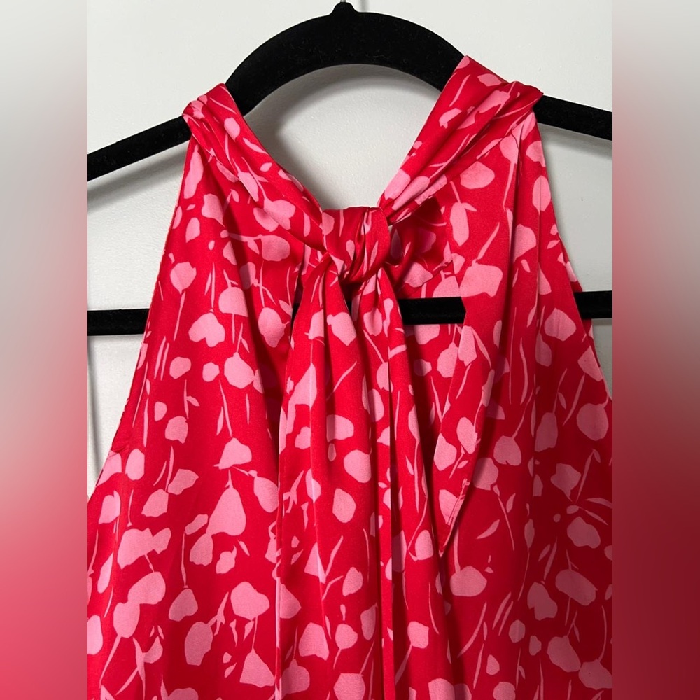 Zara Red Floral Satin Effect Halter Neck Tie Back midi dress - Picture 6 of 11